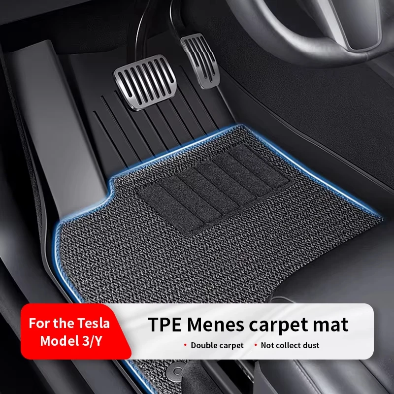 For Tesla Model Y Double Layer 3D 6PCS Floor Mats TPE Menis Carpet Velvet Waterproof Washable Two Layers Car Floor Pads