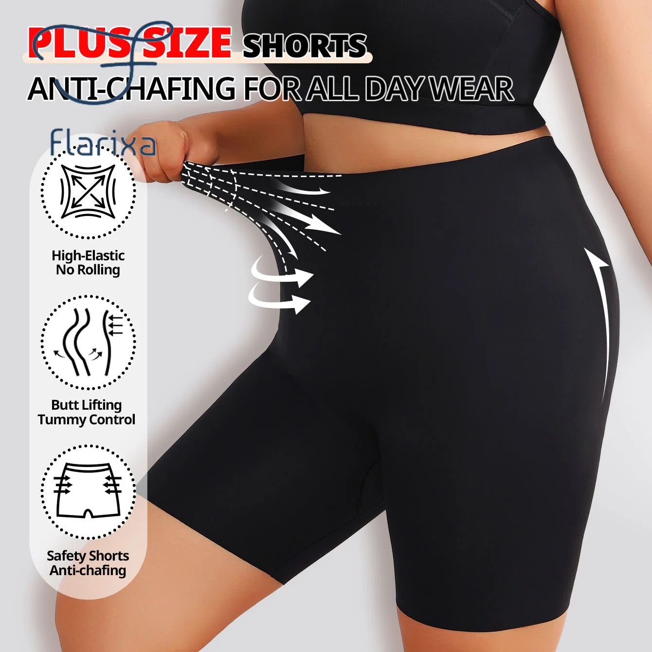 Flarixa Plus Size Oberschenkel-Shorts für Damen, hohe Taille, Sicherheitshose unter dem Rock, hochelastisch, Anti-Scheuern, Boxershorts, Yoga, Boyshorts