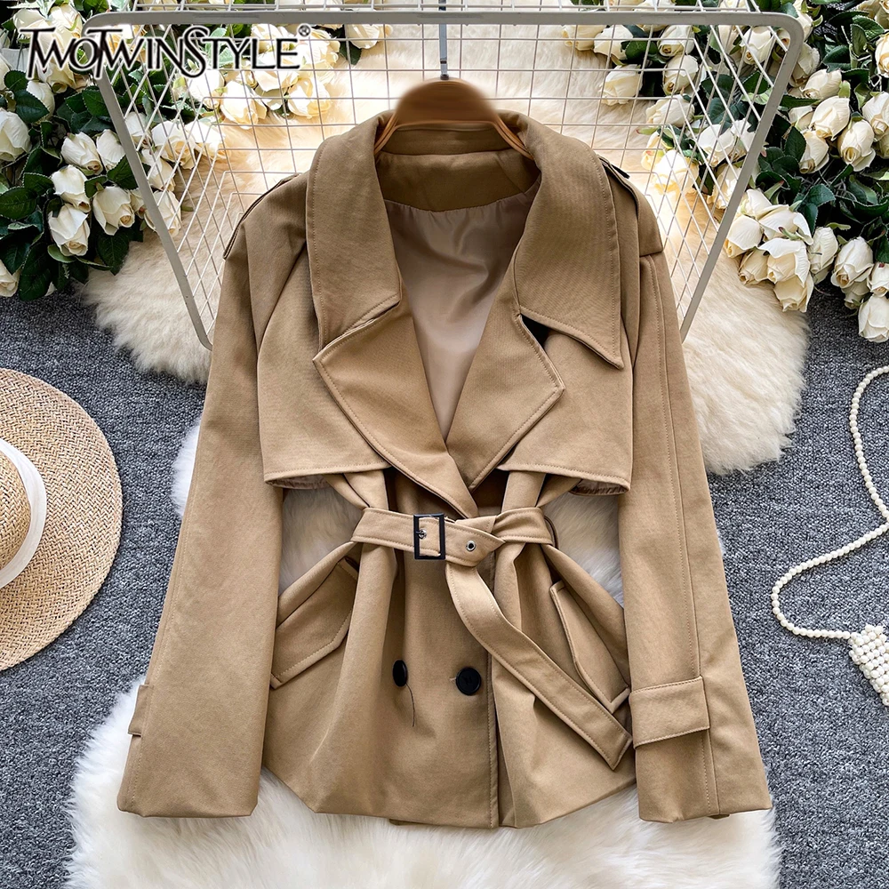 

TWOTWINSTYLE однотонные тонкие куртки в британском стиле для женщин с лацканами и длинными рукавами на шнуровке повседневное пальто женская мода KJA549804
