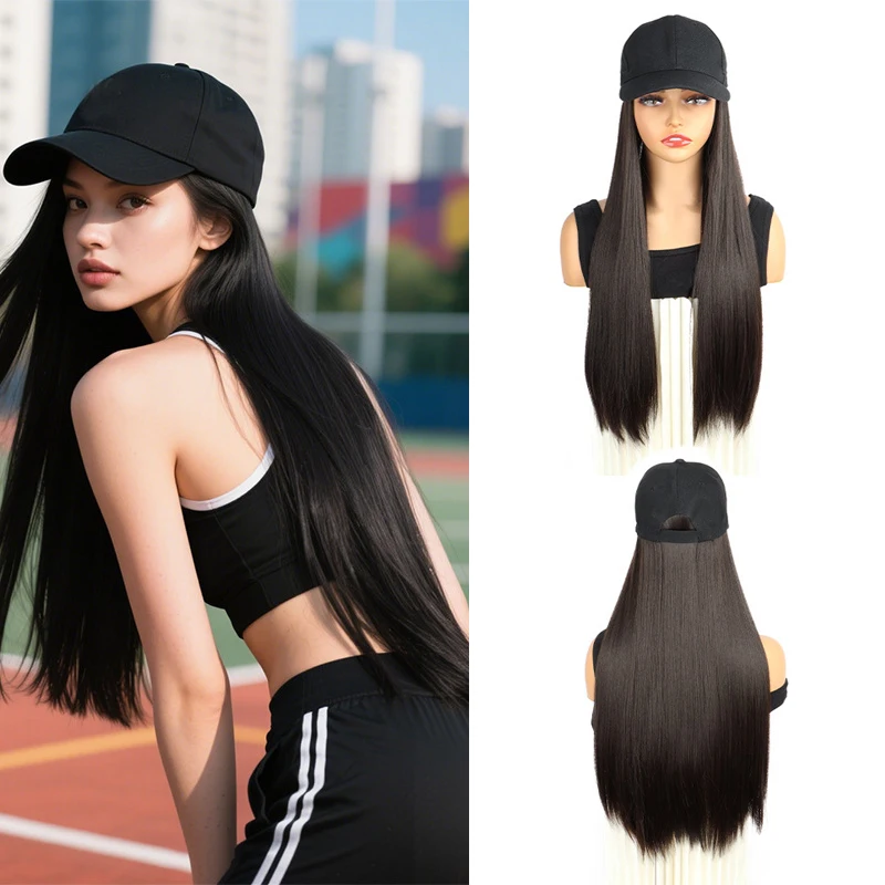 

24Inch Kpop Synthetic Long Straight Baseball Hat Adjustable Wig Black Brown Hairpiece for festival Women