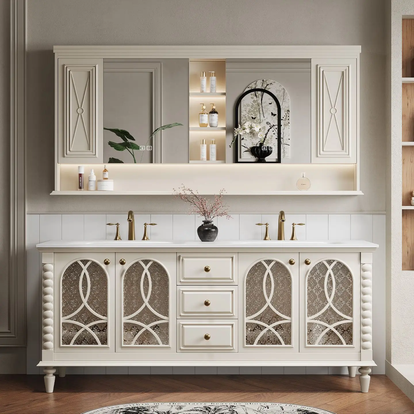 Factory Direct 2026 American French retro floor-to-ceiling bathroom cabinet combination bathroom oak washstand wash basin cabine