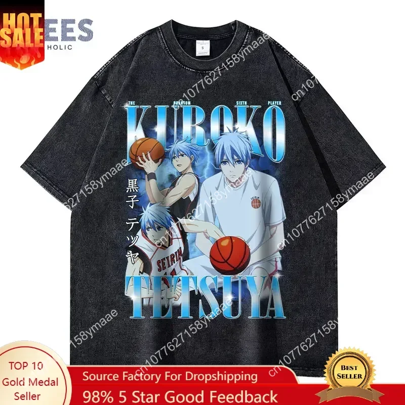 

Kuroko Tetsuya T-shirts Oversized Vintage Washed Anime T Shirt Streetwear Manga Aomine Daiki Akashi Tops Tees Men 100% Cotton