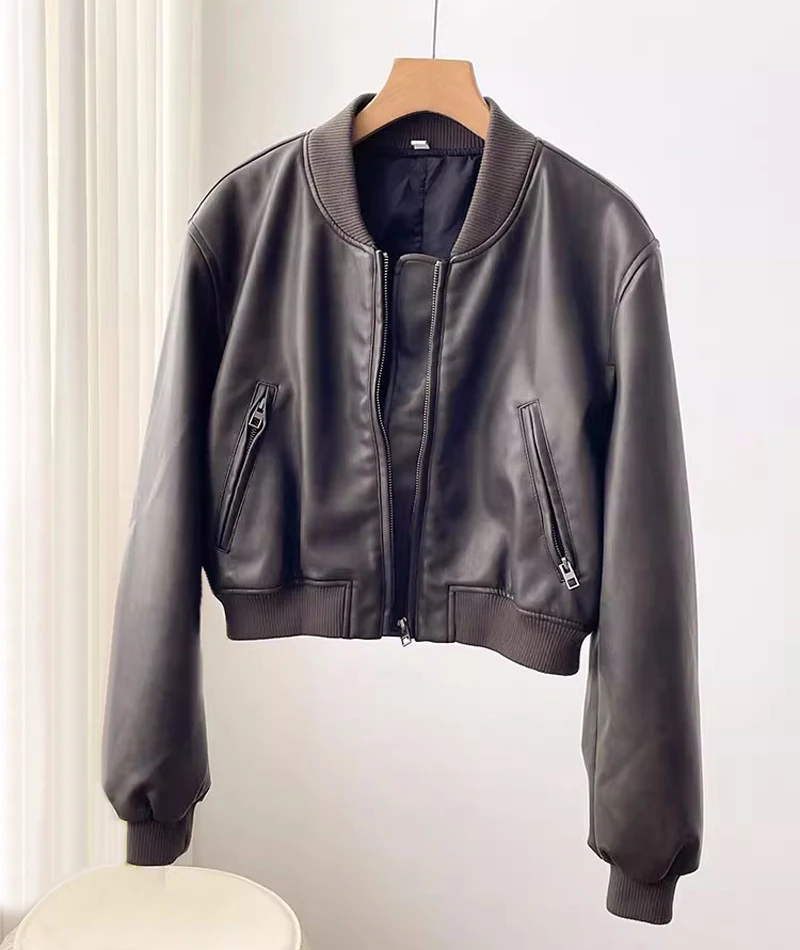 American Sle ort Pilot Jaet Fake Leather Women's Coat Durable Zipper Closure Long Sve Loose Fit Commute Sle