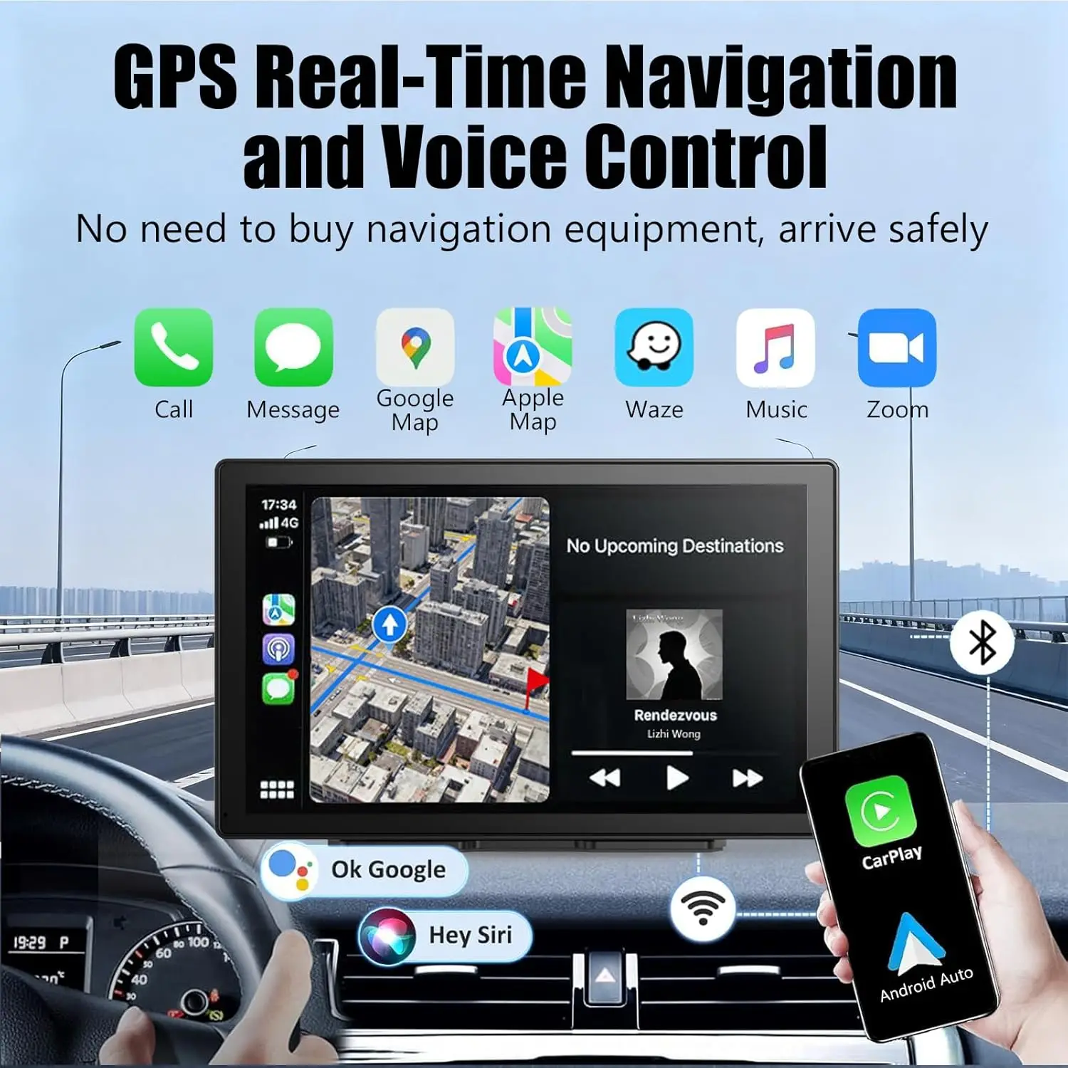 9-футовый беспроводной CarPlay и Android Auto, видеорегистратор 4K, резервная камера, GPS, Bluetooth, голосовое управление