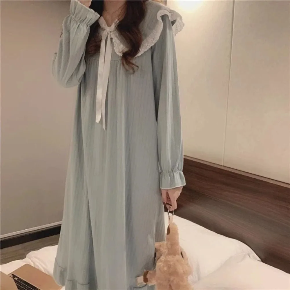Comfortable Lace Pajamas Nightgown Women Sweet Collar Bowknot Ruffle Nightdress Loose Bowknot Long Sleeve Sleepwear Girl