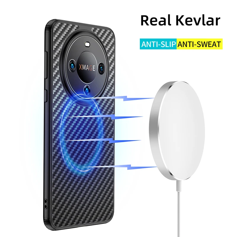 Real Kevlar Aramid Fiber Phone Case For Huawei Mate 60 Pro Magnetic Wireless Charger Back Cover Shockproof Shell