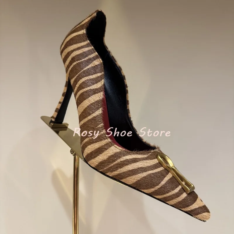 

Color-Blocked Zebra Stripes Horse Hair Gold Keyhole Decor Pointed Toe Pumps Gradient Brown Patent Leather Slip On Fashion Pumps
