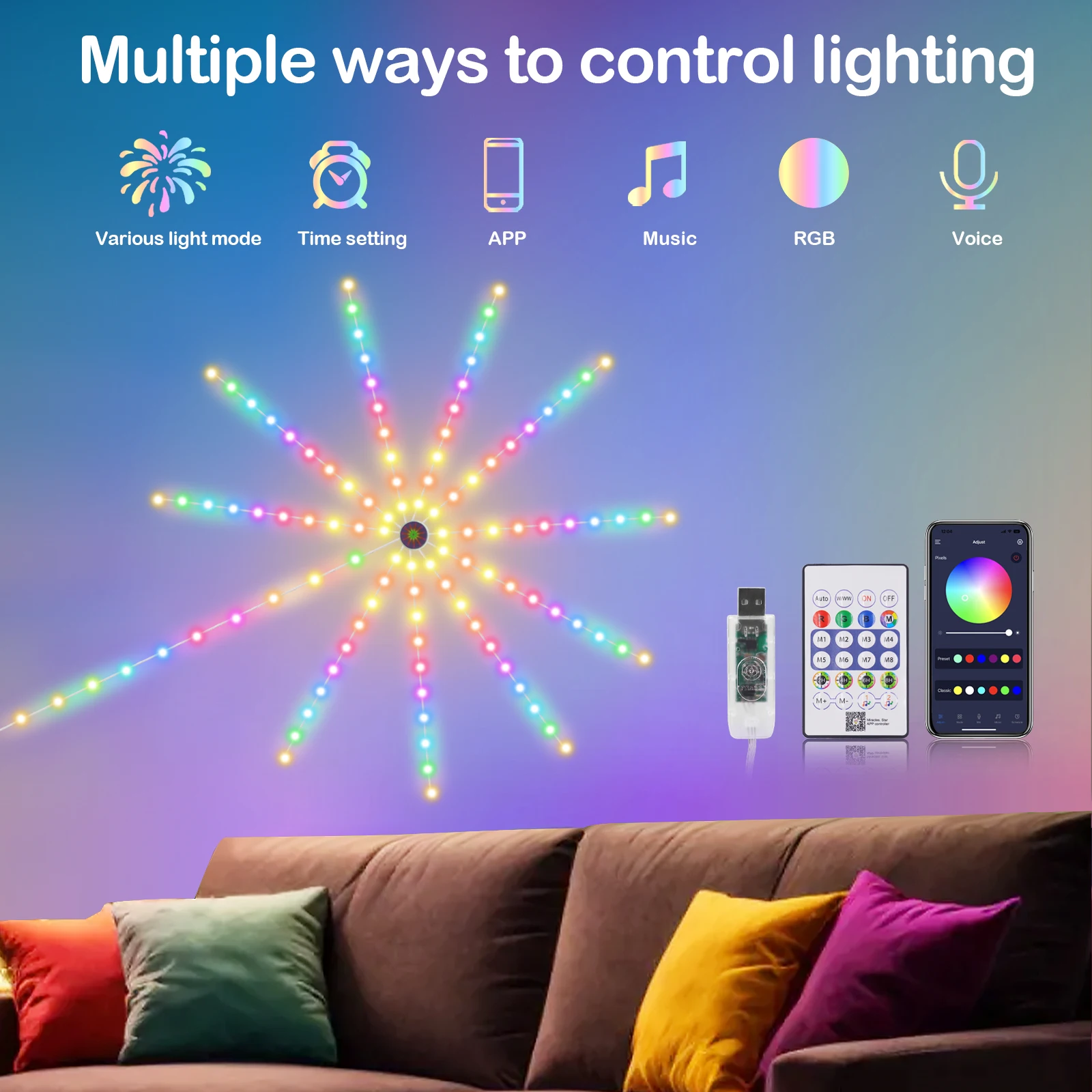 Imagem -05 - Rgb Firework Led Strip Lights para Festa de Natal Decoração do Quarto Usb Bluetooth Controle App dc 5v Cor dos Sonhos Parede