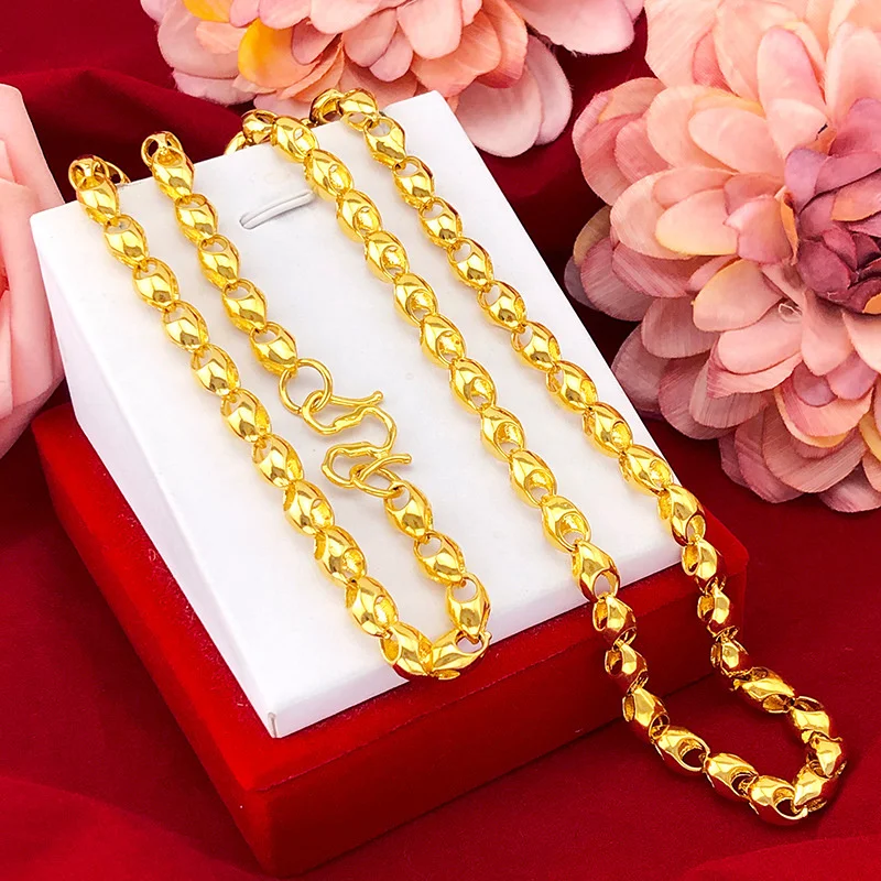 UMQ Fashion 18k Pure Gold Color Necklace for Men 24K 999 Gold Color Non-fade Smooth Bead Chain for Wedding Engagement Jewelry