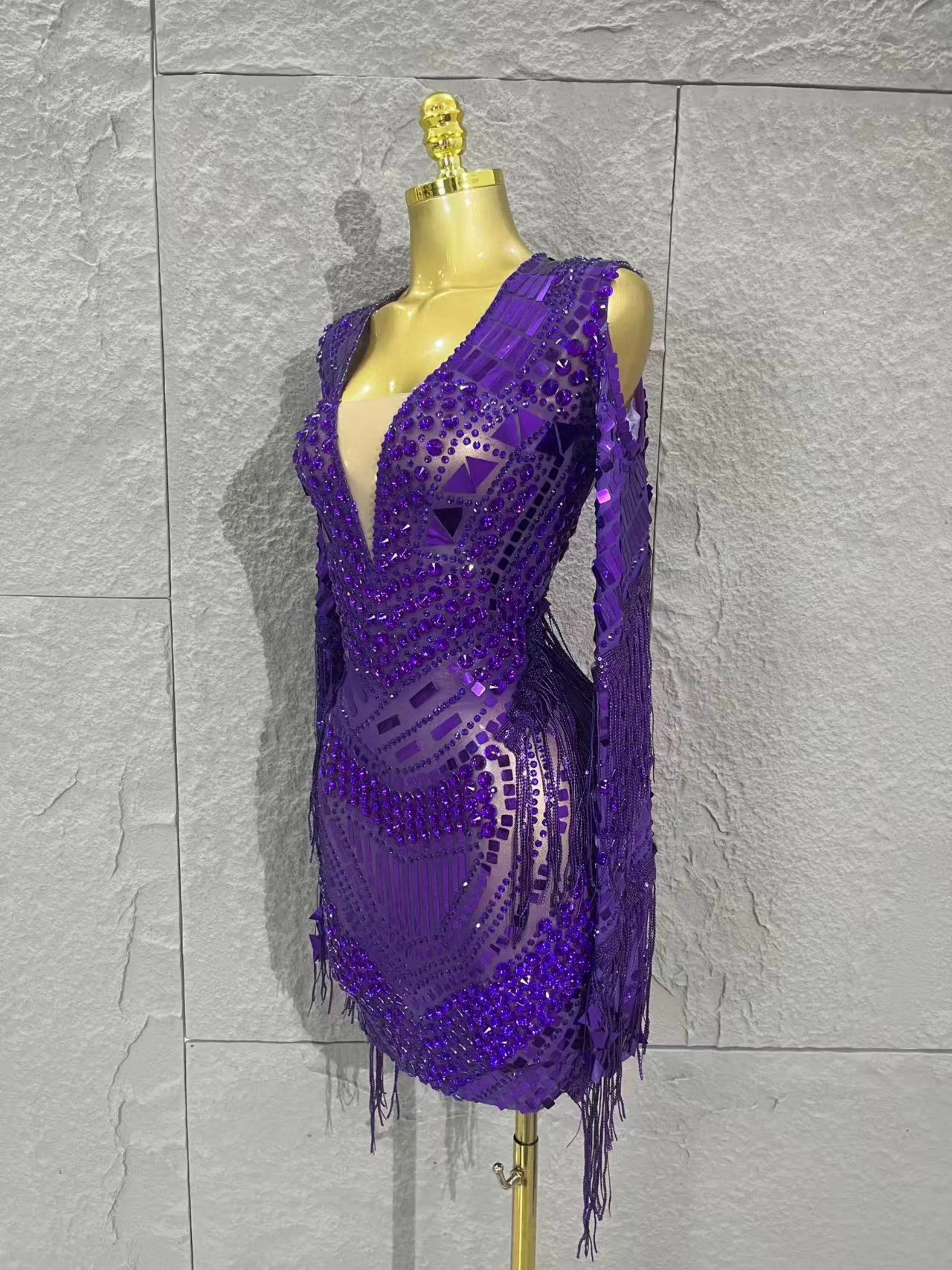 Weelderige sprankelende diamanten pailletten kwastjes lange mouwen pure mini-jurk avondfeest luxe verjaardag sexy mesh nachtclub