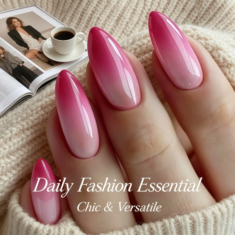 New24PCS almond shaped texture nail art pieces featuring warm pink and nude gradient colors Solid color nail art soft and simple