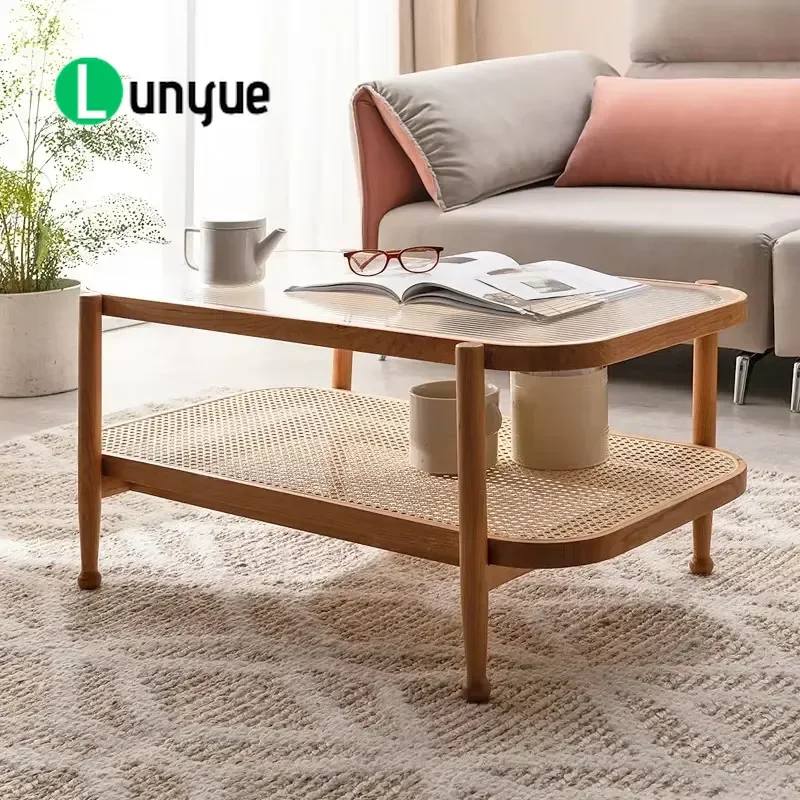 Nordic Rattan Coffee Table Solid Wood Round Glass Top Living Room Furniture Modern Minimalist Home Decor Durable Stylish