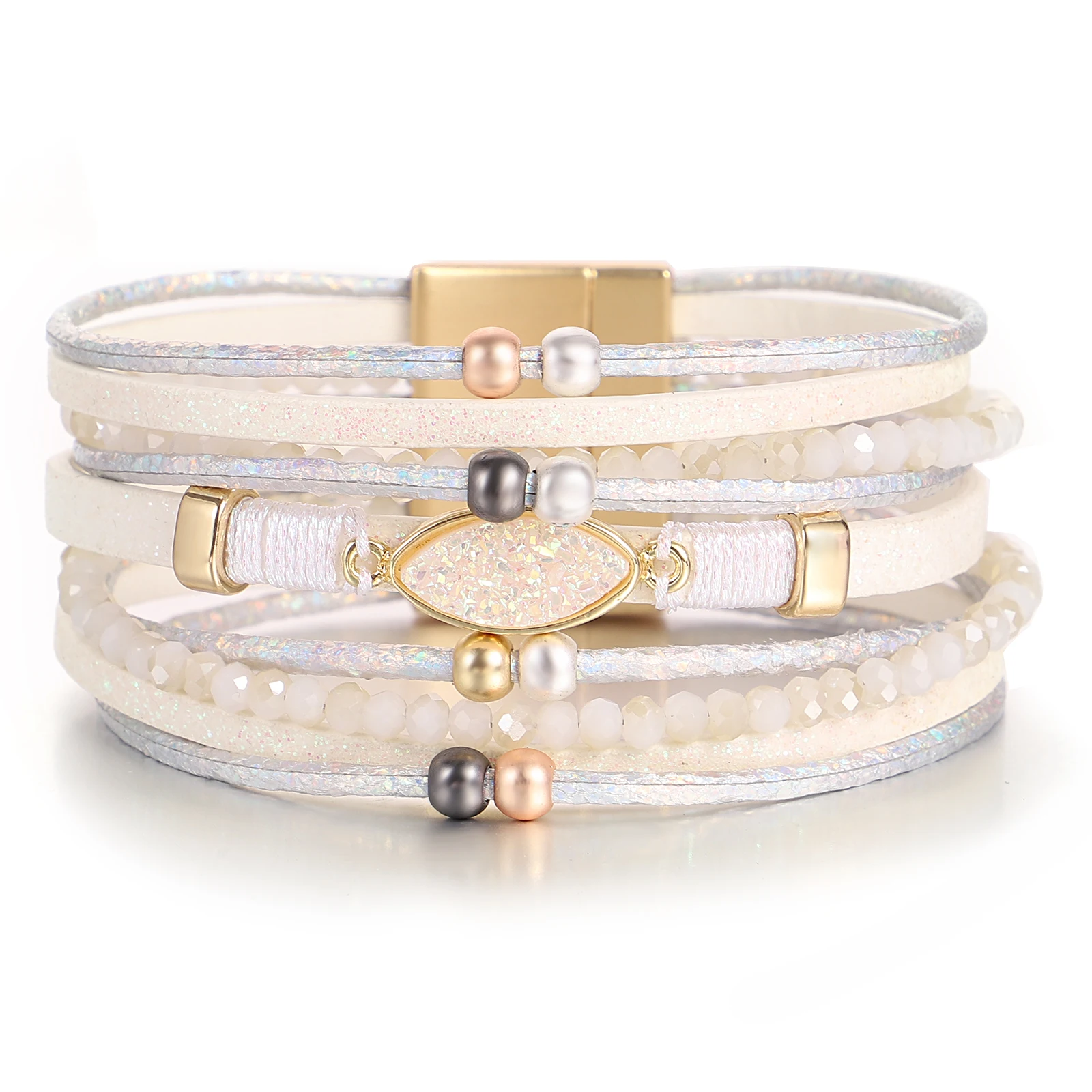 

Amorcome Elegant Irregular Artificial Stone Multilayer Leather Bracelet Women Stackable Rice Bead Thin Chain Bangle Jewelry Gift