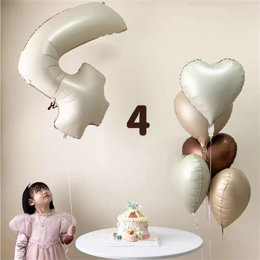 6Pcs New Retro Caramel Beige Cream Number Foil Balloons 18inch Heart Balloons Kids 1 2 3th Birthday Baby Shower Party Decoration