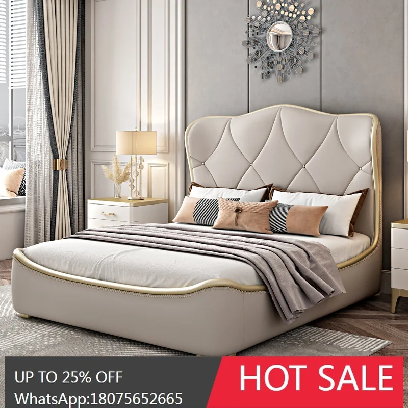 

SGF Simple Modern Solid Wood Double Bed Genuine Leather Light Luxury Italian Minimalist Bed
