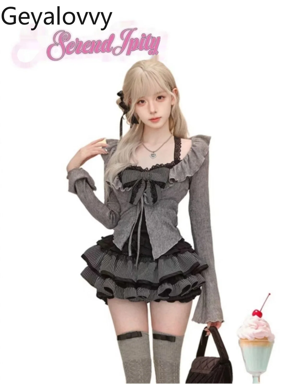 

Sweet and Cute Women's 3 Piece Sets Lace Splicing Sling Vest Ruffle Edge Gray Slim Cardigan Cake Skirt Spring Autumn Casual Suit