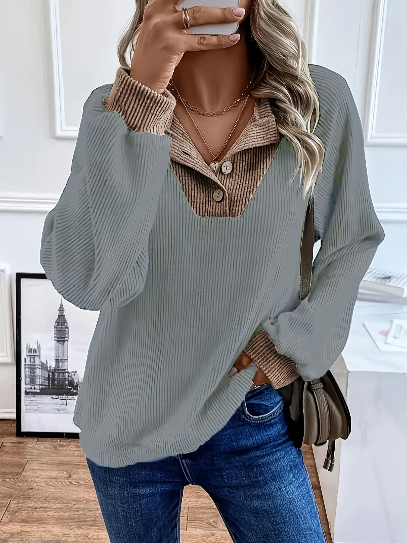 

Vintage V-neck ribbed knitted pullover, plus size women's contrasting corduroy trimmed long sleeved sweater, casual and loose