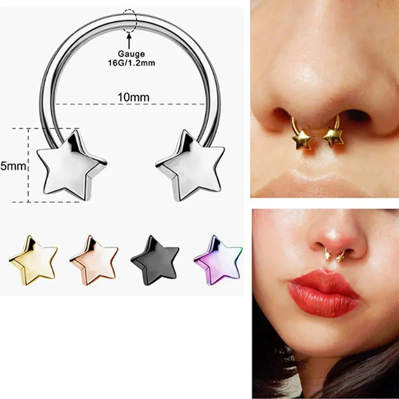 New Steel Star Septum Piercing Hinged Segment Nose Ring Septum Clicker Cartilage Tragus Clicker Body Piercing Jewelry 16G Naz