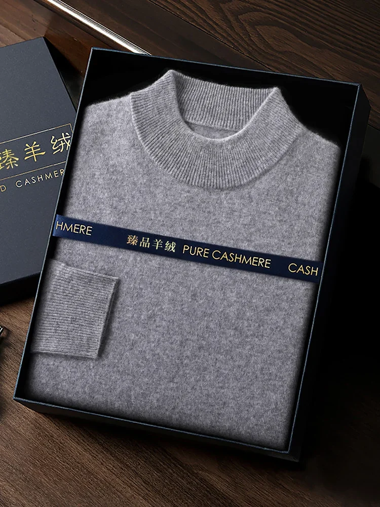 Tcyeek Men's 100% Cashmere Sweater Mock Neck Long Sleeve Pullover Smart Casual Clothing Autumn Winter Basic Soft Warm Tops