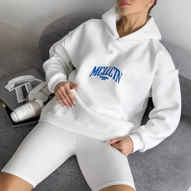 Aliexpress الأمازون الأوروبية والأمريكية المرأة الشتاء الصوف هوديي رسالة مطبوعة رغوة حقيبة التصحيح حقيبة هوديي الملابس النسائية