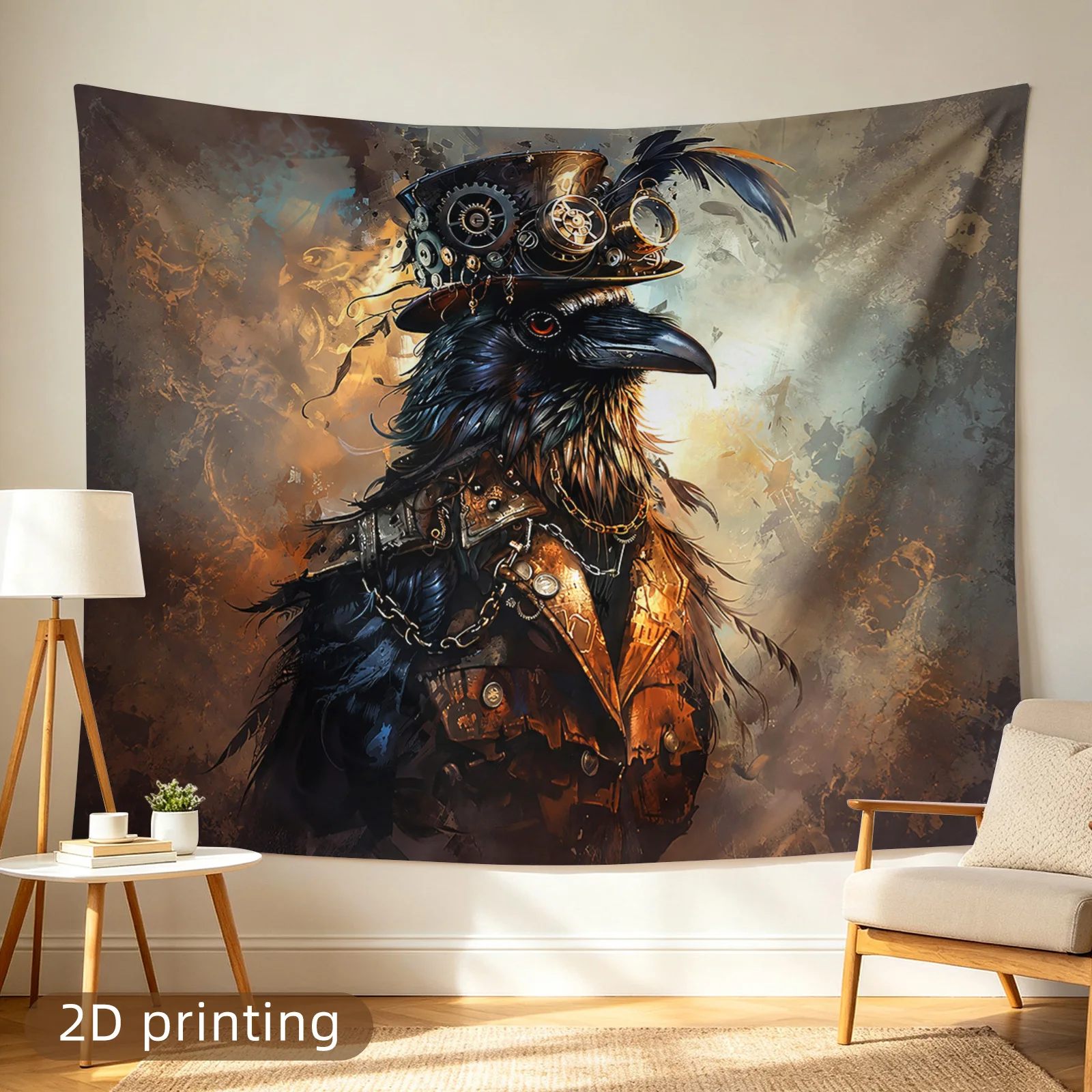 Steampunk Raven Tapestry Wall Hanging Gothic Art Print Fantasy Crow Decor Dark Aesthetic Canvas Poster Living Room Home Decor Ar