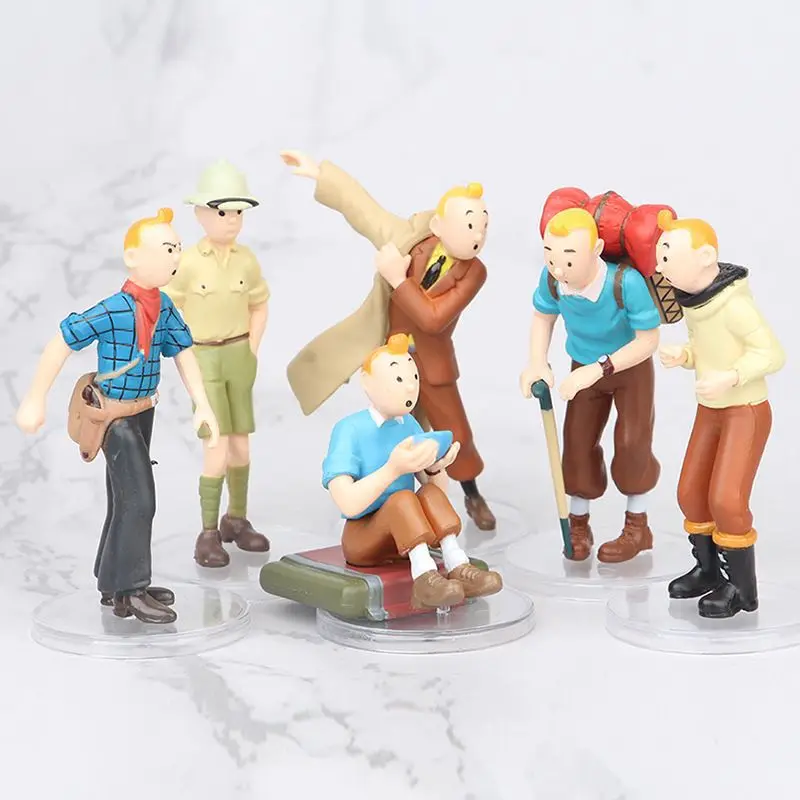 6Pcs/Set Cartoon The Adventures of Tintin Action Figures Doll Tintin Milou Dupont Kids Charm Collectible Ornament Toys Gifts