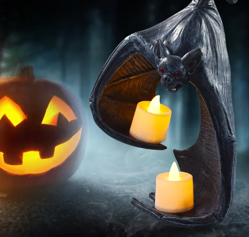 Halloween Black Bat Wall Tealight Holder Light Hanging Candlestick Decoration Night Lamp Horror Props Desktop Ornaments Resin