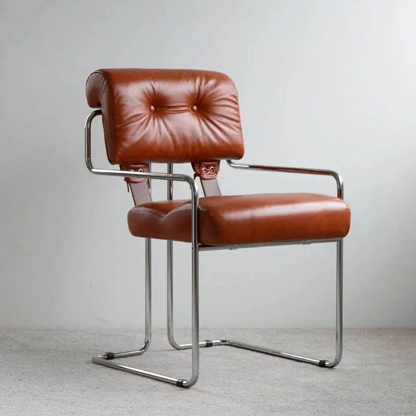 Mid-century Bauhaus-style Vintage Stainless Steel Dining Chair Leather Upholstery for Office Conference Desk Use Designer Chair