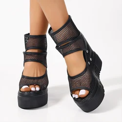 Hollow High Heels Women Sandals Platform Wedges Open Toe Shoes 2024 Trend Fashion Punk Zipper Shoes Goth Pumps Mujer Zapatos