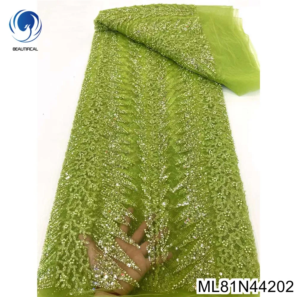 

Popular New Bright Fluorescent Green Mesh Tulle Lace, African Sequin with Bead Accessoires Fabric, Big Occasion dress ML81N442