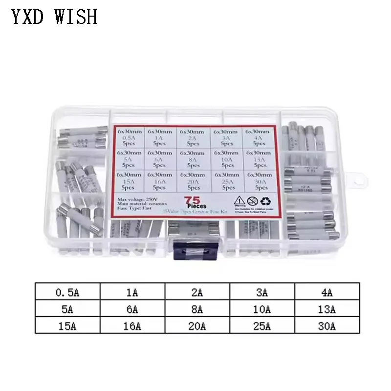 75pcs 6x30mm Ceramic Fuse 0.5A 1A 2A 3A 4A 5A 6A 8A 10A 13A 15A 20A 25A 30A Fuses 250V 6x30mm Insurance Tube Assortment Kit
