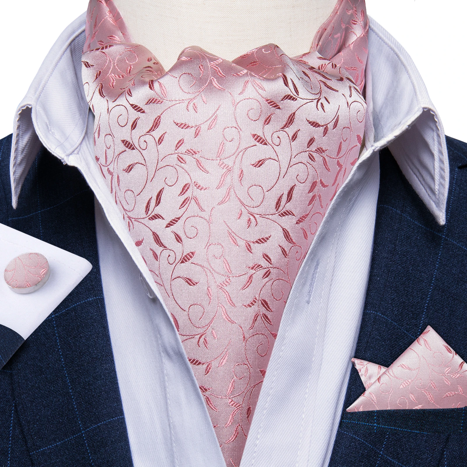 

Fashion Pink Jacquard Ascot for Man Wedding Party Luxury Silk Handkerchief Cufflinks Men's British Cravat Gentleman Business Tie