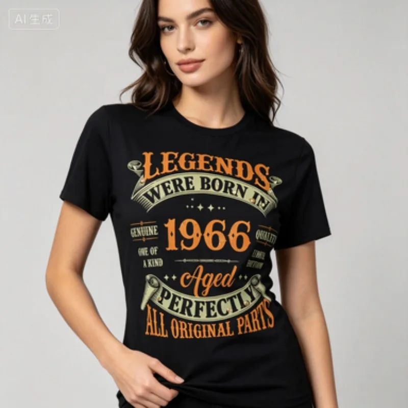 Female Cotton Crew Neck T-Shirt Legends Were Born In 1966 Vintage Retro Letter Print Birthday Celebration Tee