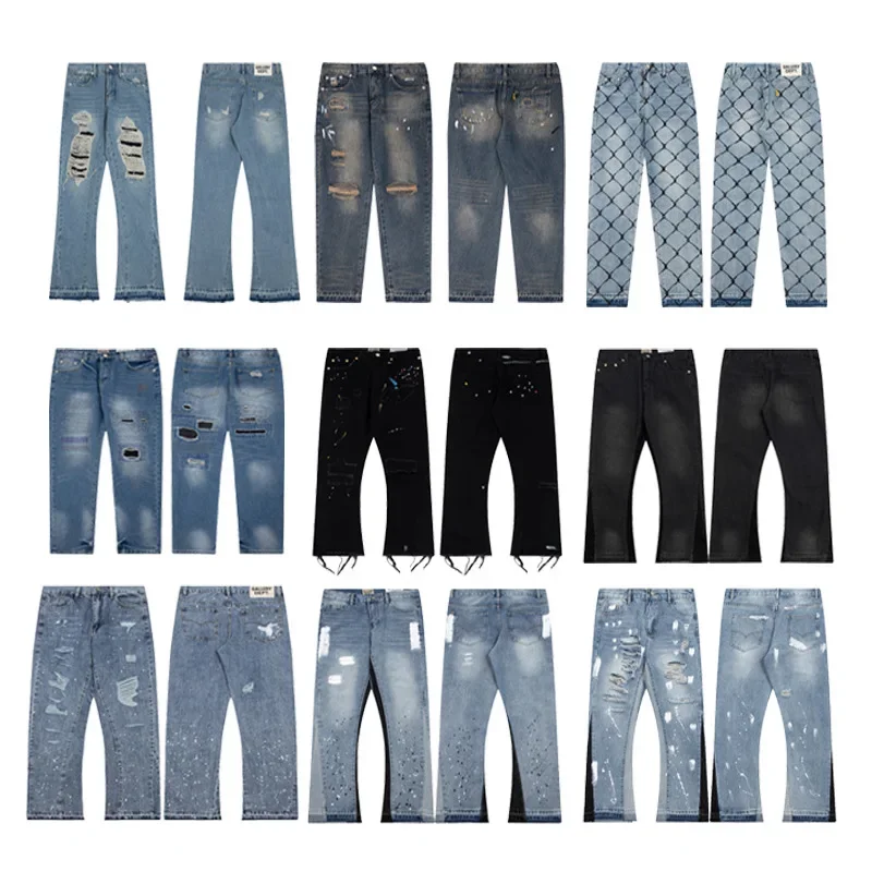 Loose Casual Men's Jeans Graffiti Spray Paint Micro Flare Street Style Patchwork Long Trousers Hip Hop Fashion