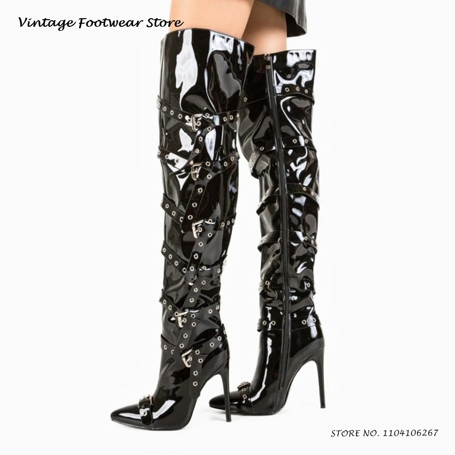 

Сапоги выше колена с пряжками на ремне, модельные туфли из лакированной кожи с острым носком на тонком каблуке, женские весенне-осенние сапоги до бедра с боковой молнией