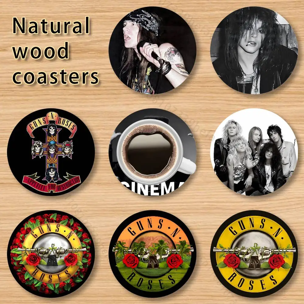 

G-Guns N R-Roses Round Wooden Coaster 4 Inch Heat-Resistant Anti-skidding Home Party Theme Decor Photo Props Gifts