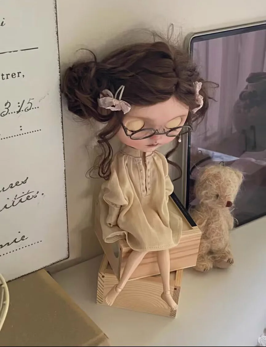 1pcs vintage reto style 2025 Blythe/landoudou Champagne linen one-piece dress (Fit for Lulu,ymy24,Ob22,24,26,zone, Jenny)