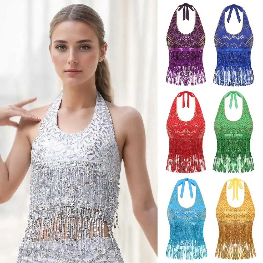 

Charming Shiny Belly Dance Bra Tassel Sleeveless Stage Performance Top Dance Wear Halter Neck Latin Dance Top Women