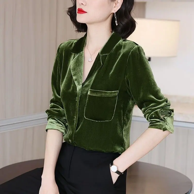 

Commute Solid Color Pleuche Blouse Female Clothing Tailored Collar Autumn Winter Single-breasted Stylish Pockets Spliced Shirt