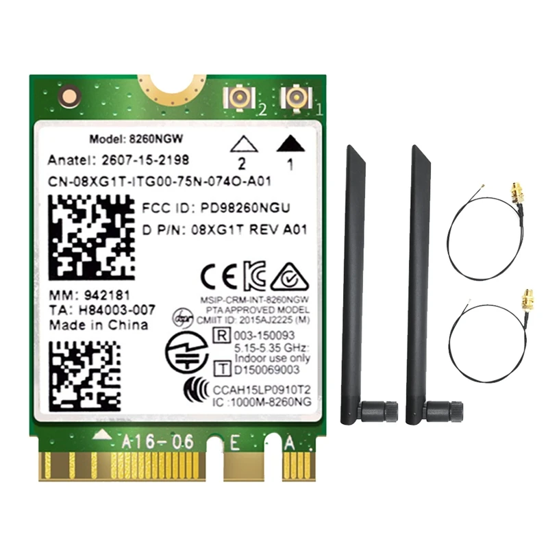 8260 8260NGW Wifi Card+2X8DB Antenna 2.4G/5Ghz 867M Bluetooth 4.2 NGFF M.2 Wifi Wireless Card Module For  AC 8260