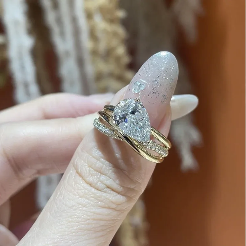 2Ct EF-VS Pear Cut 14K Yellow Gold Lab Grown Diamond Unique Retro Gold Multi-Layer Crossed Ring for Women Beautiful Jewelry