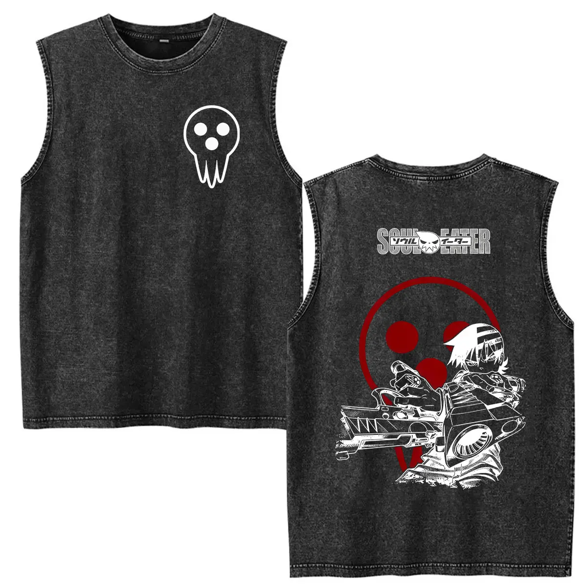 Japanese Anime Soul Eater Death The Kid Washed Vest T Shirts Men's Women Vintage Fashion Cotton Short Sleeve T-shirt Streetwear