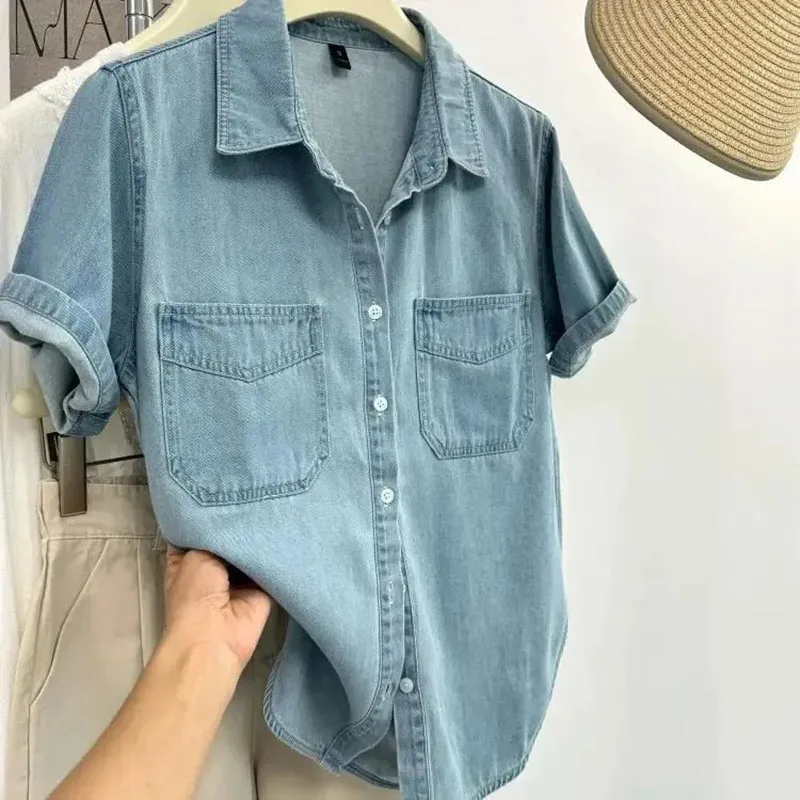 Retro Denim Shirt Women's 2026Summer New Loose Design Sense Niche Polo Neck Single-Breasted Short Sleeve Thin Shirts Female Tide