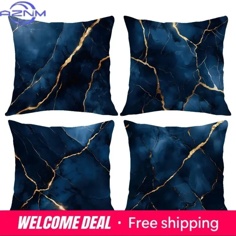 Home Decor Dark Blue & Gold Marbled Pattern Pillow Covers Pattern Cushion Cover Suitable For Sofa Bedroom Car Pillow Cover