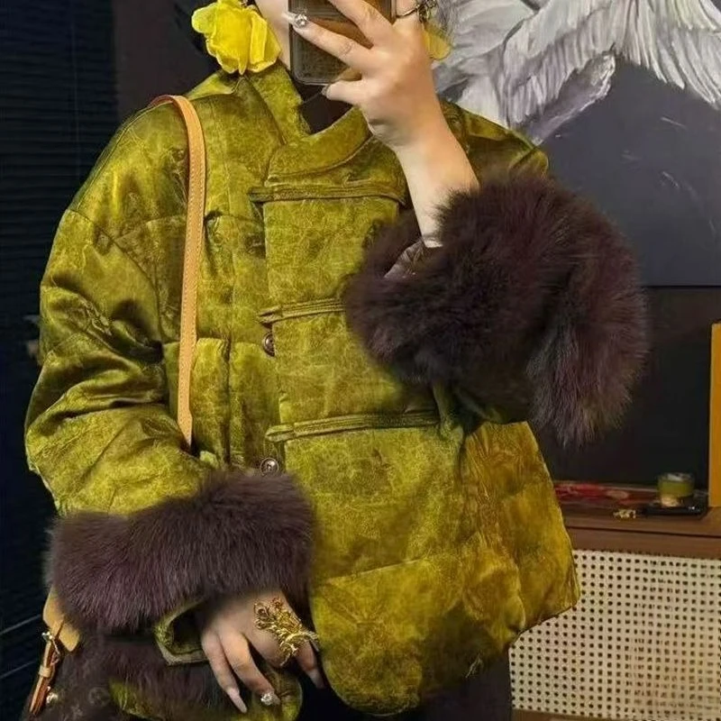 النمط الصيني الجديد ضوء جديد فاخر الراقية موضة مطبوعة زر متابعة المرقعة الصوف كم القطن معاطف دافئة 2026 الخريف/الشتاء