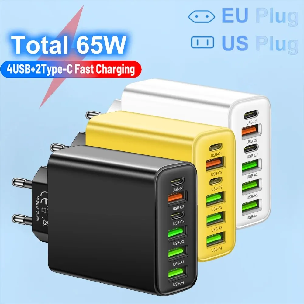 Total 65W 6 in 1 4 USB And 2 Type C Quick Charging Fast Wall Charger For iPhone Samsung Xiaomi Huawei Oppo Mobile Phone Adapter