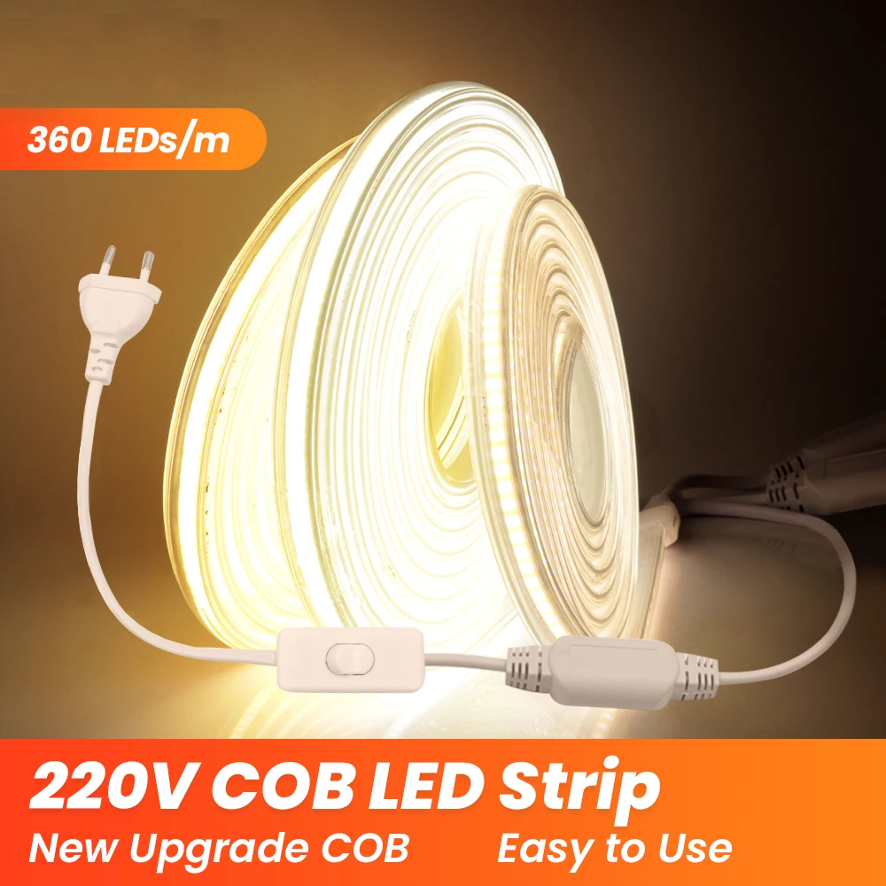 360LED/m COB Led Strip Light With Switch Power Plug Super Bright Waterproof CRI 90 220V 230V Liniowe oświetlenie Elastyczna wstążka LED