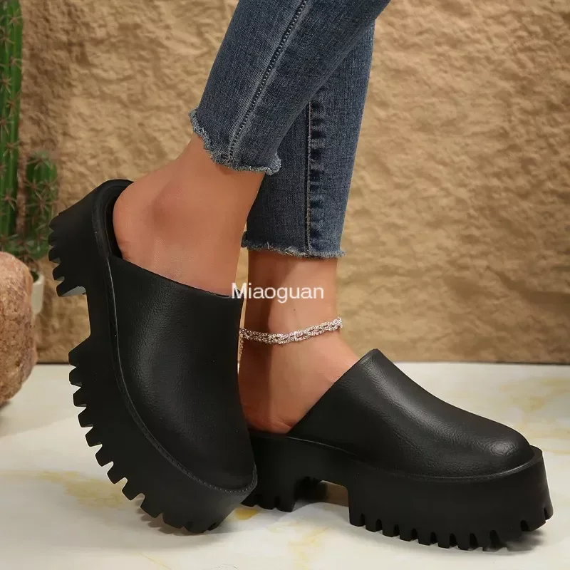 Summer Women\'s Platform Slippers Waterproof Casual Mule Sandals Chunky Comfort Wedges Black Beach Shoes Round Head 2024 New PU