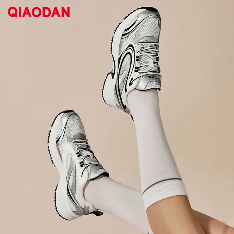 

QIAODAN Running Shoes Womens 2025 Fashion Walk Comfortable Shoes Soft Soled Mesh Breathable Silver Retro Sneakers QXL042253422R