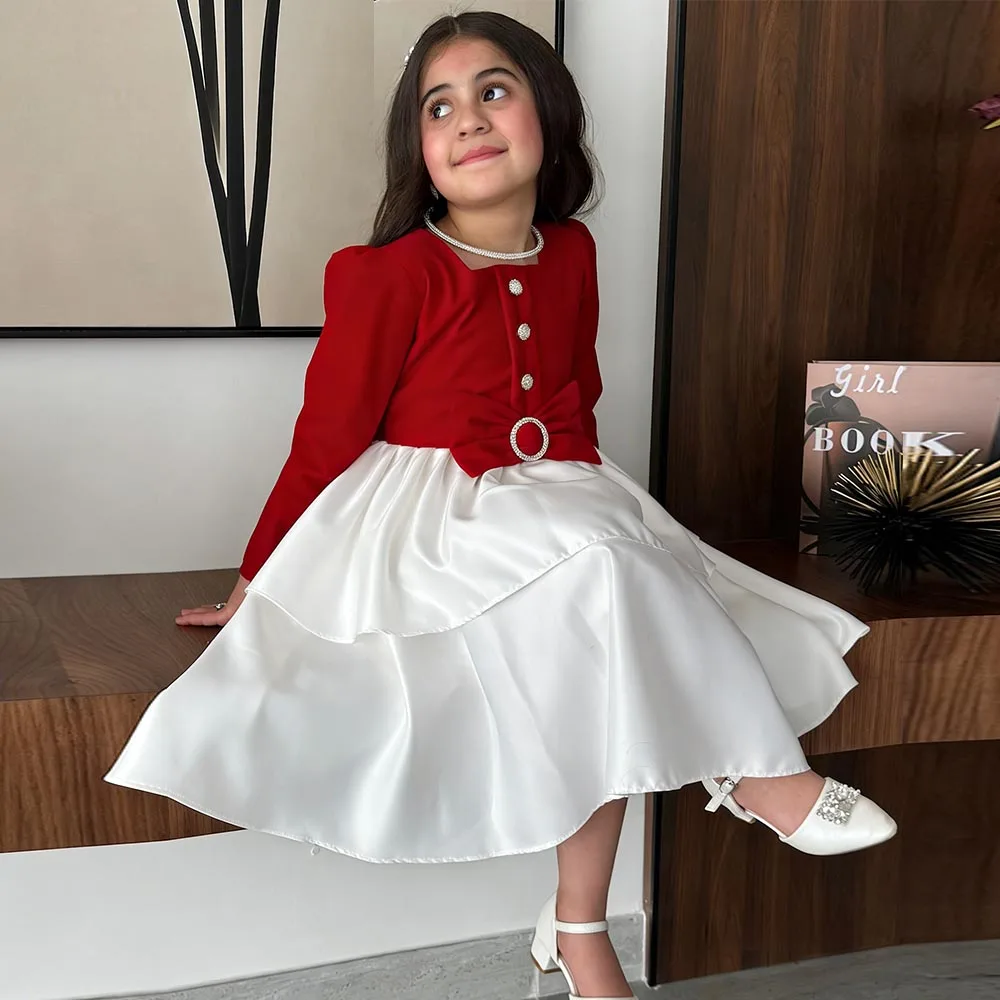 

Elegant Flower Girl Dresses O-neck Dress For Girls Long Sleeves Birthday Dress A-line Girl Princess Dress Ruffles Button Kids' D